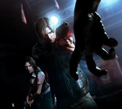 Leon and Helena in a tense standoff, ready for action in Resident Evil 6.