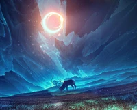 Paysage fantastique avec un élan sous une éclipse céleste