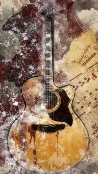 Collage artistique d'une guitare acoustique avec des notes de musique et des textures