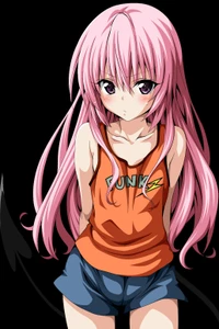 Niedliches Anime-Mädchen mit langen pinken Haaren, das ein oranges Tanktop und blaue Shorts trägt, vor einem schwarzen Hintergrund.