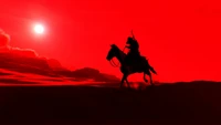 Silhouette of a rider on a horse against a striking red sunset in a minimalist landscape.