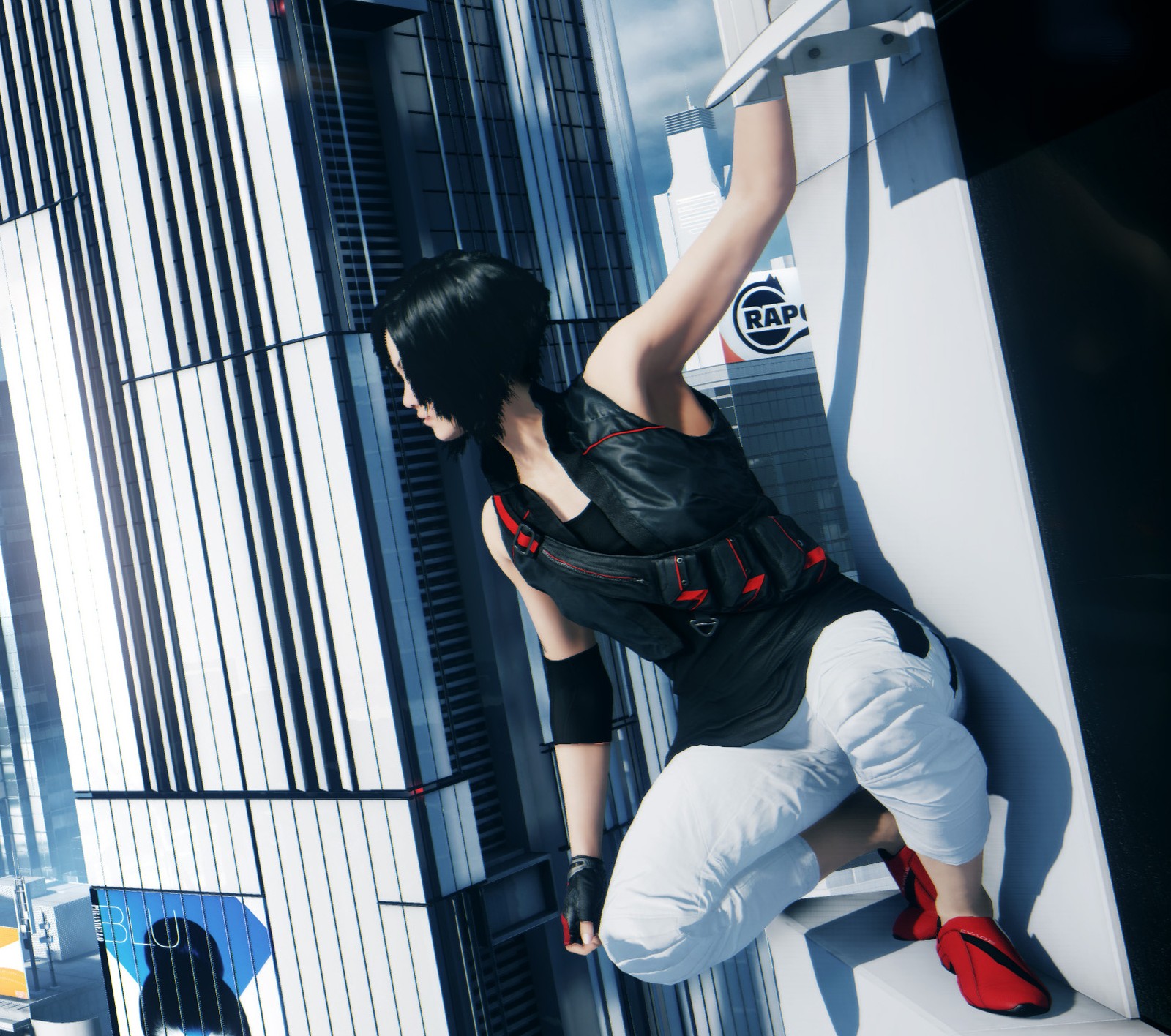 Fille anime en tenue noire et rouge s'appuyant contre un mur (m e 2, parkour wallpaper)