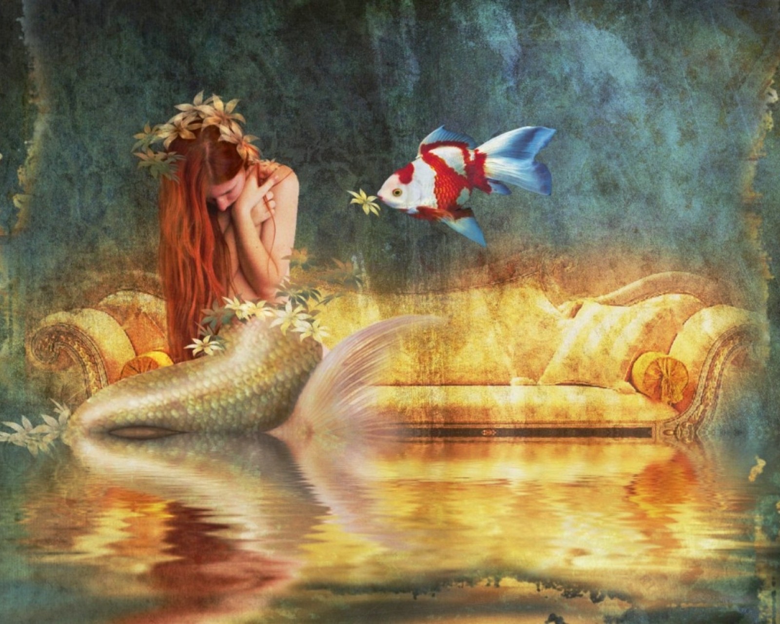 Pintura de una sirena sentada en un sofá con un pez en el agua (belleza, pez, niña, pelirrojo, triste)