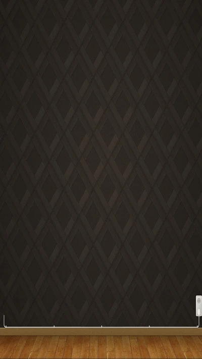 Elegant diamond-patterned black wallpaper with a wooden floor.