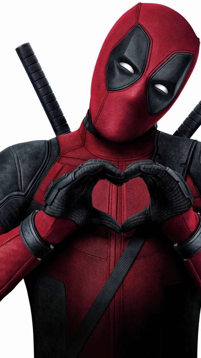 Deadpool fazendo um coração com as mãos