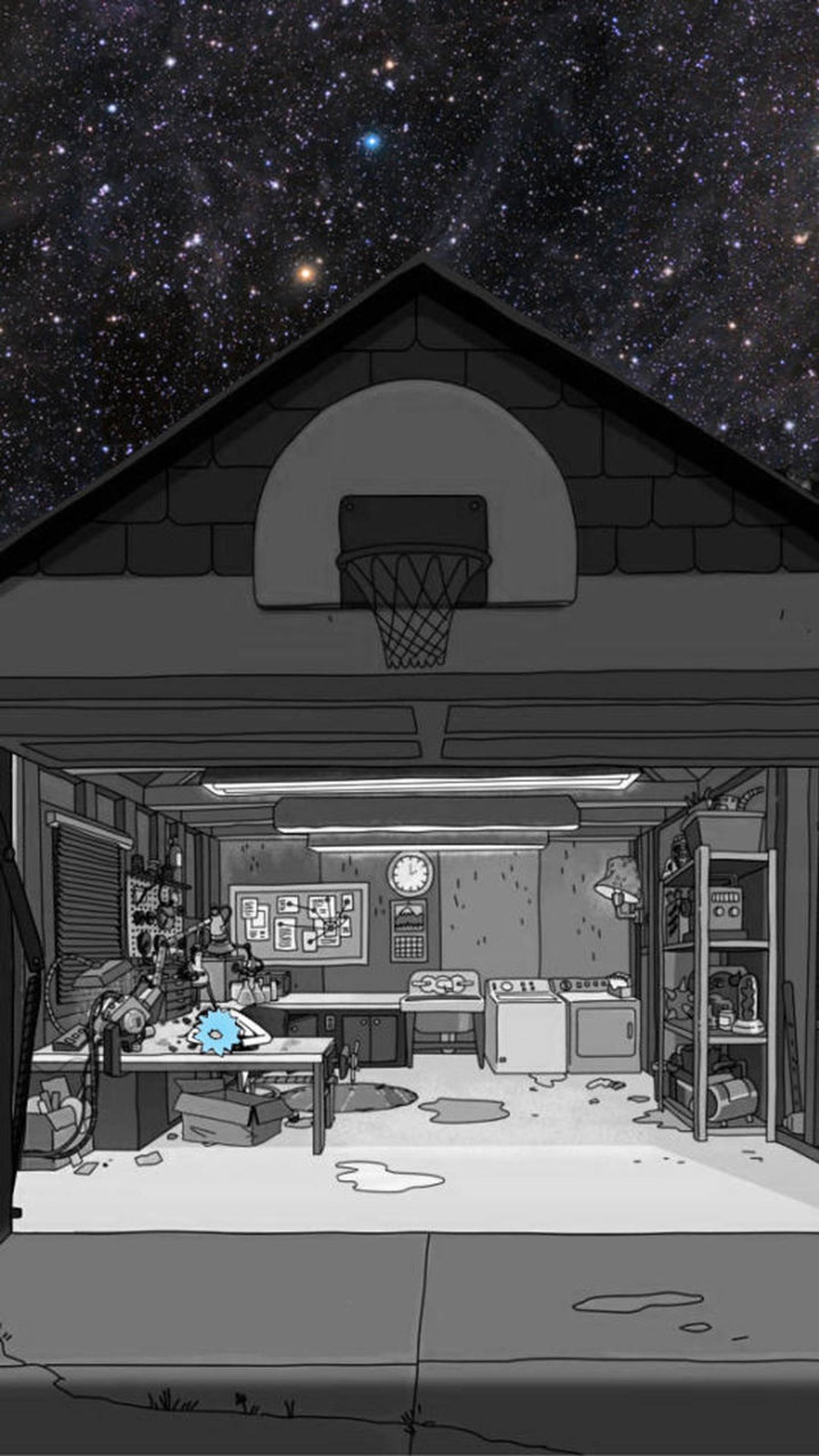 Cartoon of a man standing in a garage with a basketball hoop (dibujo, rick, rick and morty, sad)