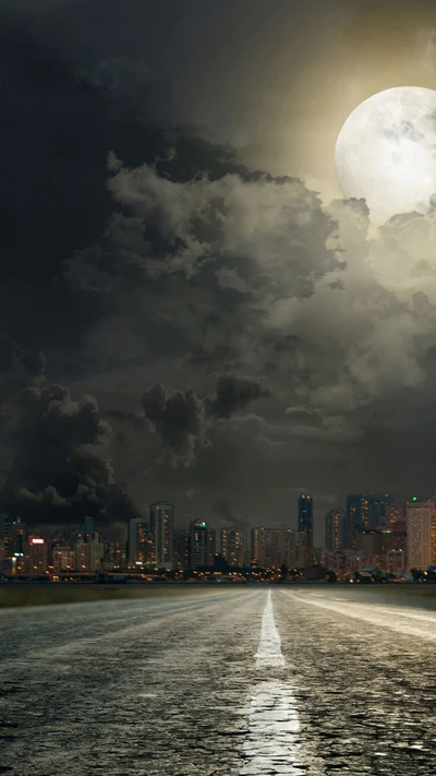 stadt, wolken, mond, nacht, straße