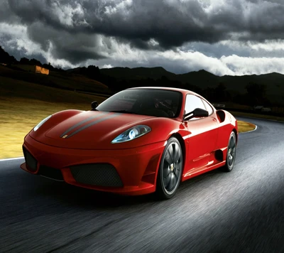 Ferrari Red Sports Car in Dynamic Motion Against a Dramatic Sky