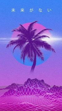 Paisagem vaporwave com palmeira e estética futurista