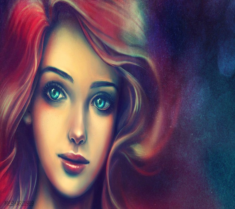 A painting of a woman with red hair and green eyes (girl, girls, nexus, wallpaper)