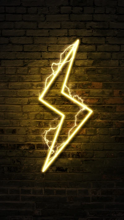 Neon lightning symbol illuminating a dark brick wall, emphasizing power and energy.