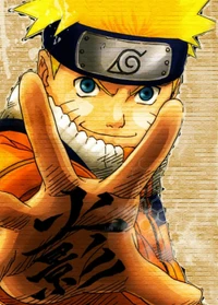 La pose característica de Naruto Uzumaki con una expresión decidida, mostrando su vibrante atuendo naranja y su icónica banda en la cabeza.