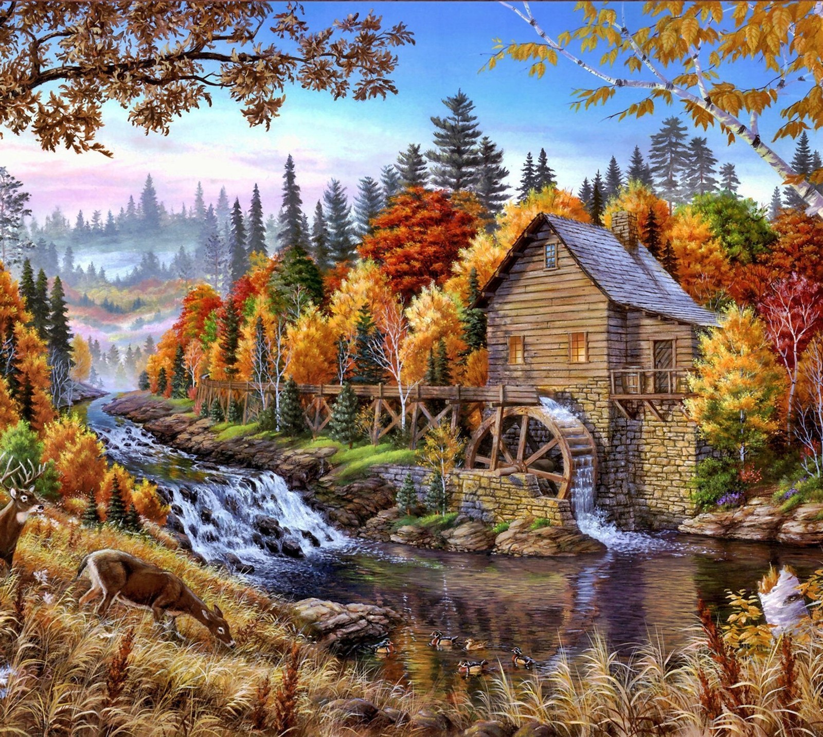 A painting of a cabin in the woods with a waterfall (hd, nature, nice, painting, wallpaper)