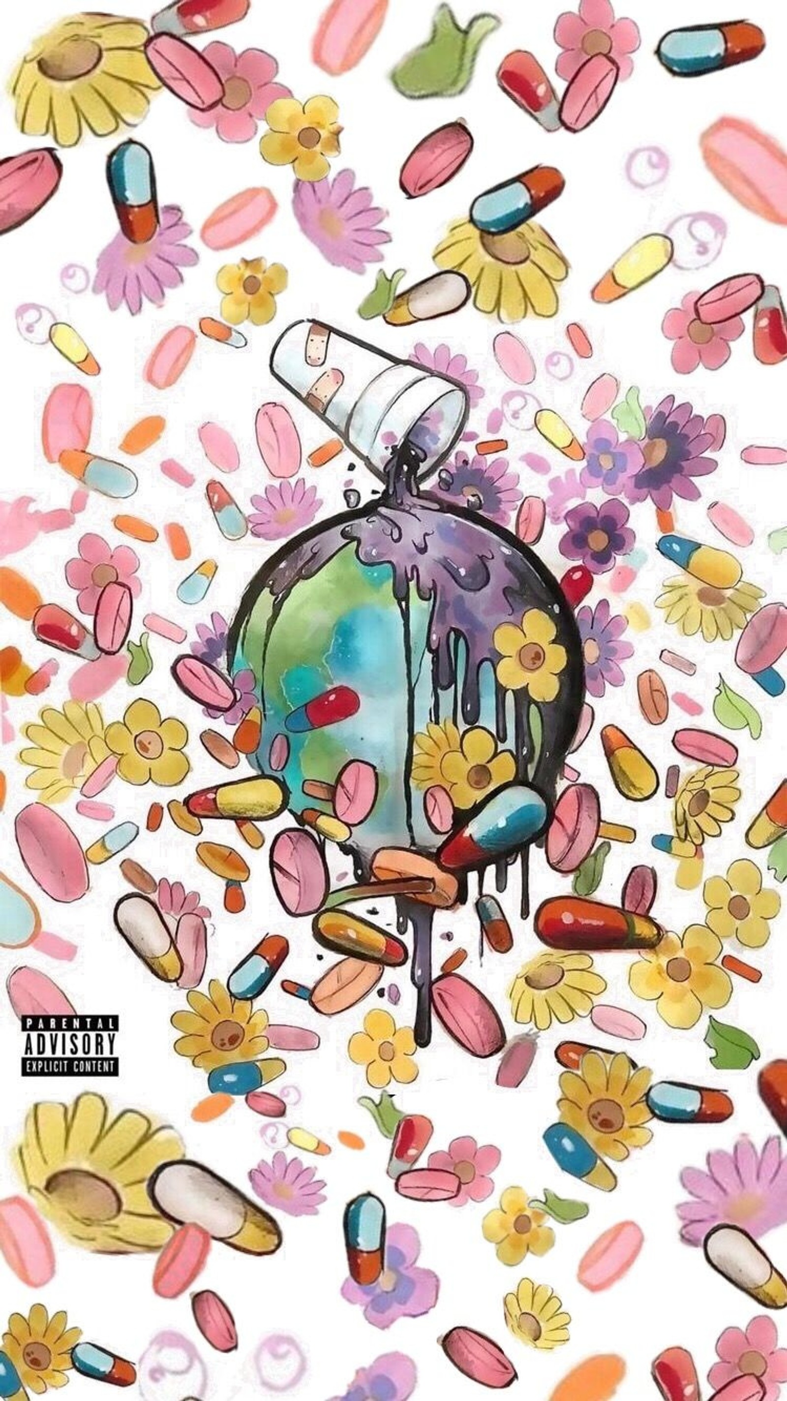 Una pintura de un globo rodeado de flores y pastillas (drogas, futuro, juice wrld, rap)