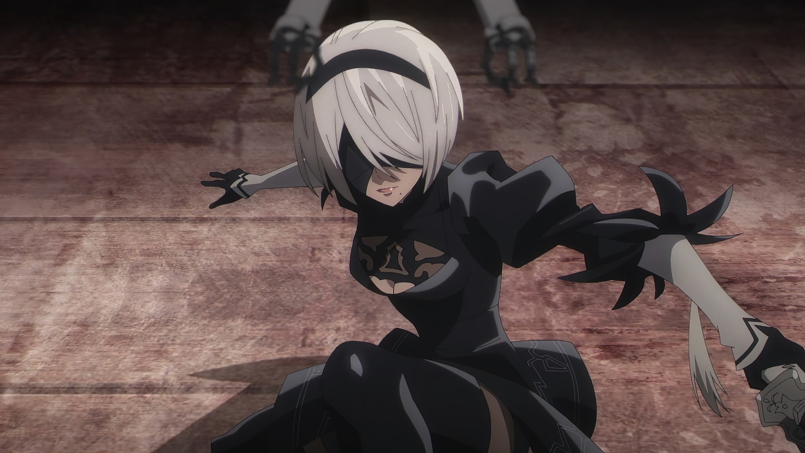 Un primer plano de una persona sentada en el suelo con una espada (nier automata ver11a, nierautomata ver11a, anime, yorha 2b, yorha tipo a no2)