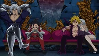 Characters from Nanatsu no Taizai: Estarossa, Zeldris, Meliodas, Elizabeth Liones in a dramatic setting