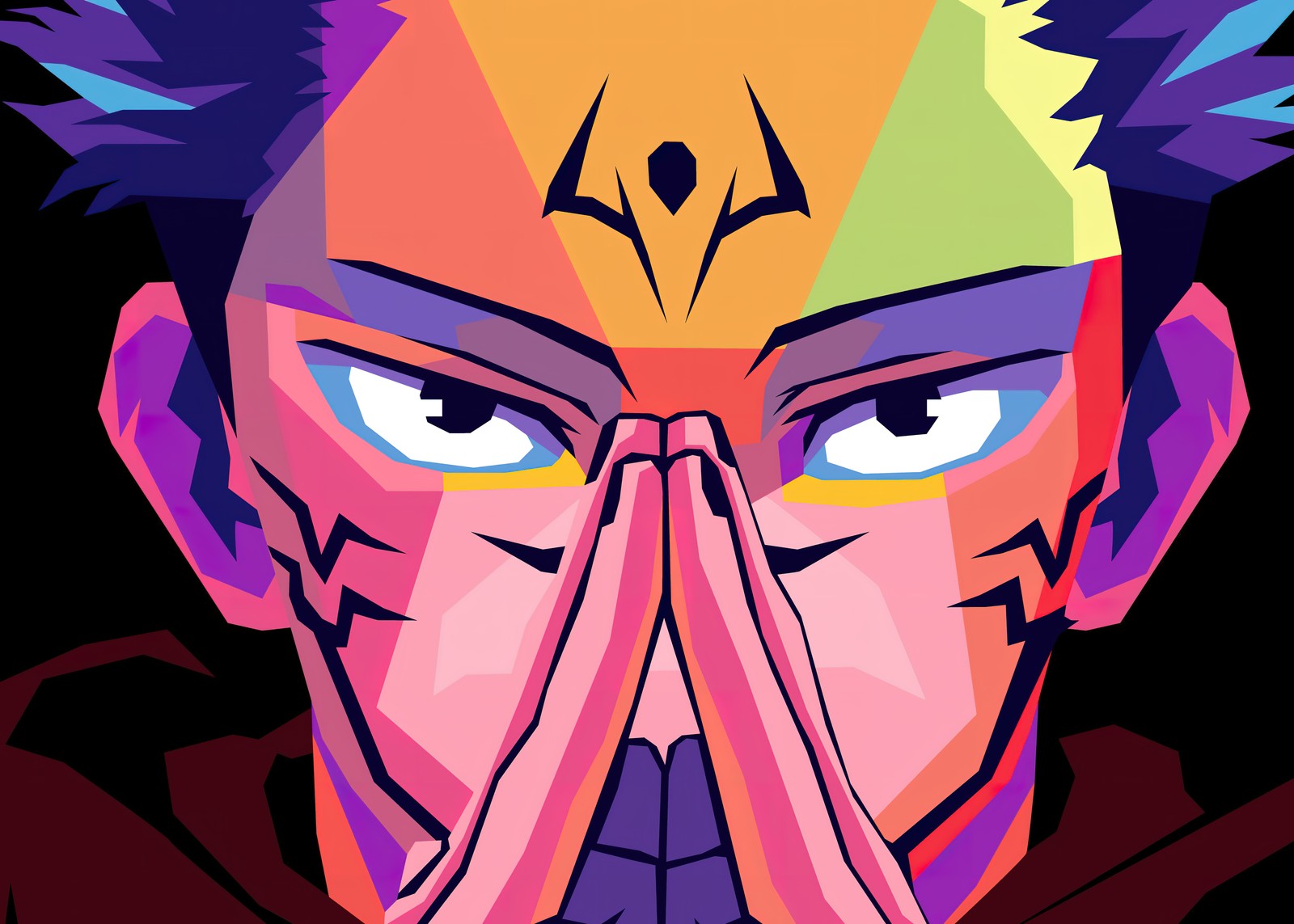 A cartoon image of a man with his hands on his face (sukuna, colorful art, jujutsu kaisen, pop art, anime)