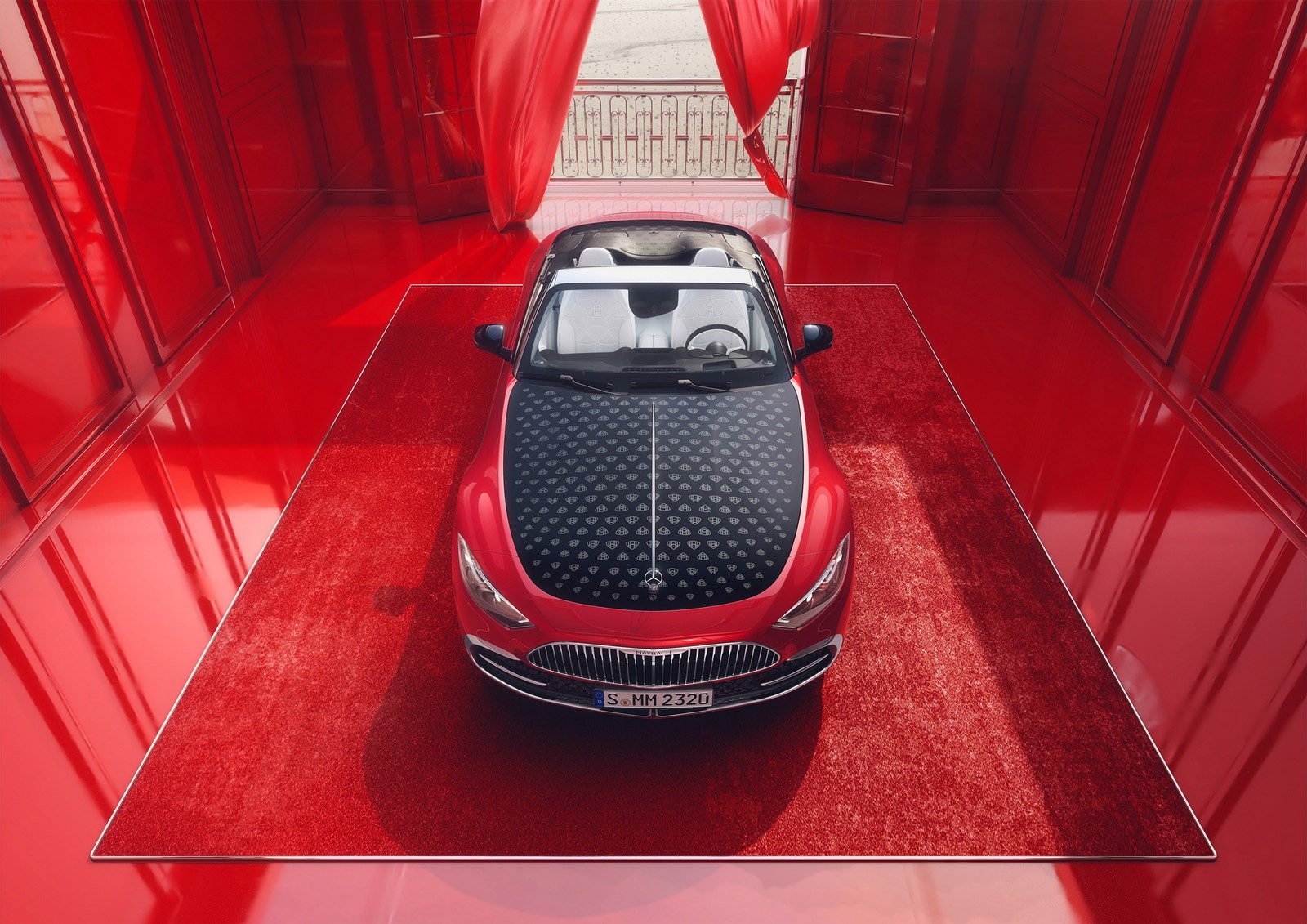 A close up of a red car in a red room with red curtains (mercedes maybach sl 680, 2024, red aesthetic, 5k, cars)