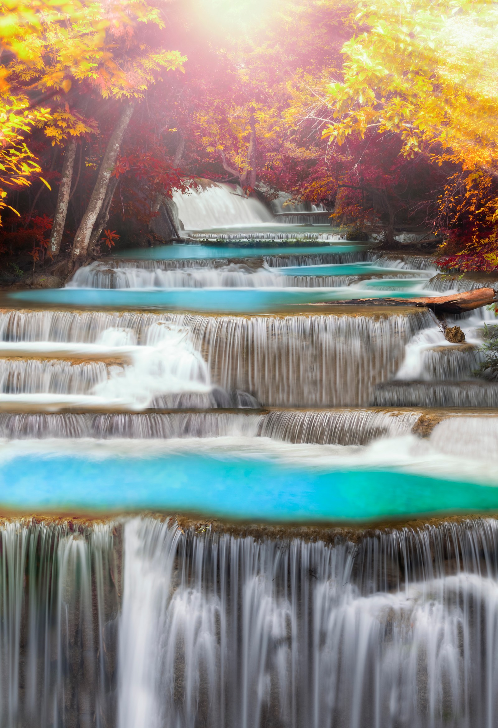 There is a waterfall with many water features in the forest (erawan falls, aesthetic, autumn, waterfall, forest)