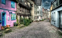 Charmante ruelle en pavés bordée de maisons colorées dans un quartier pittoresque.