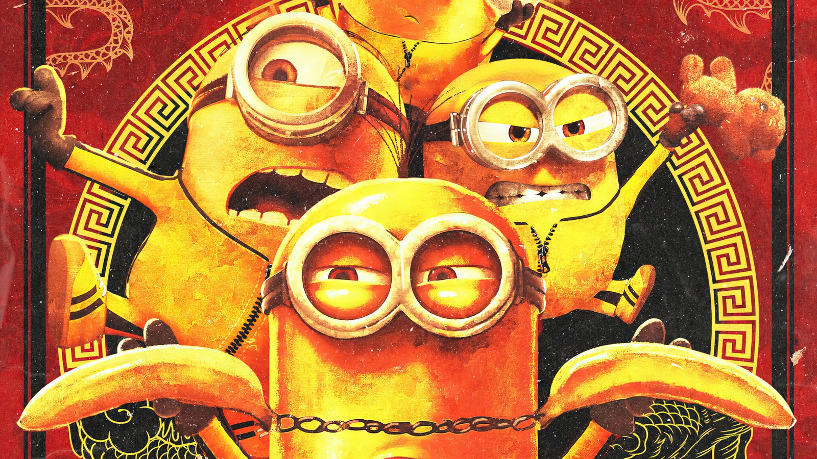 Un primer plano de un cartel de un grupo de minions (minions el origen de gru, minions rise of gru, kevin, stuart, bob)