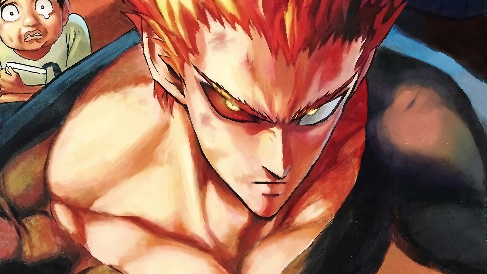 Un primer plano de un dibujo de un hombre con cabello rojo (garou, one punch man, anime)