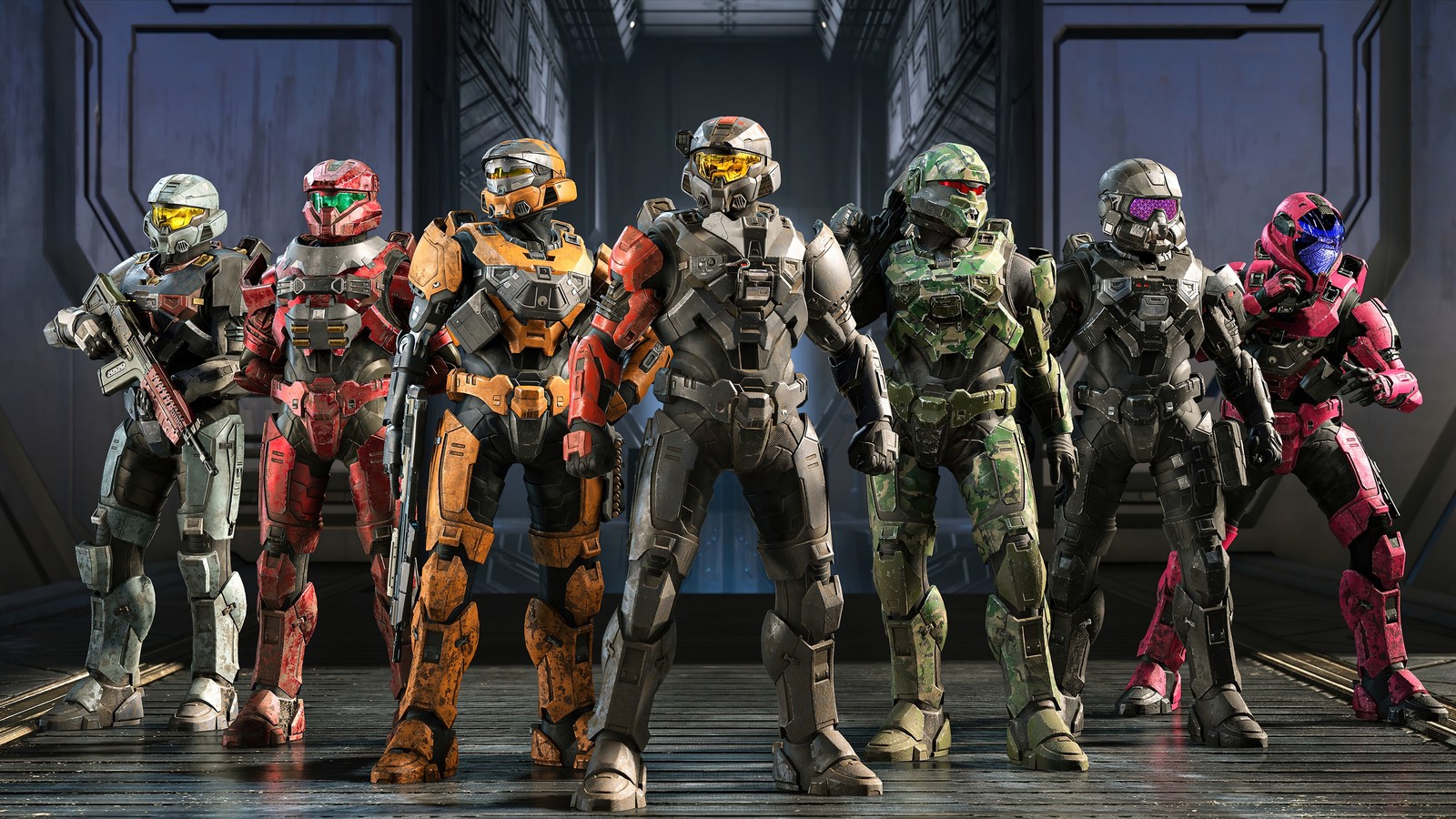 A group of people in halo armor standing in a room (halo infinite, video game, multiplayer)