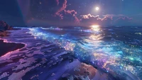 Celestial Waves: Nighttime Ocean Scenery Under a Glowing Moon