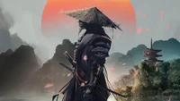 Guerreiro samurai ao pôr do sol em uma paisagem de fantasia