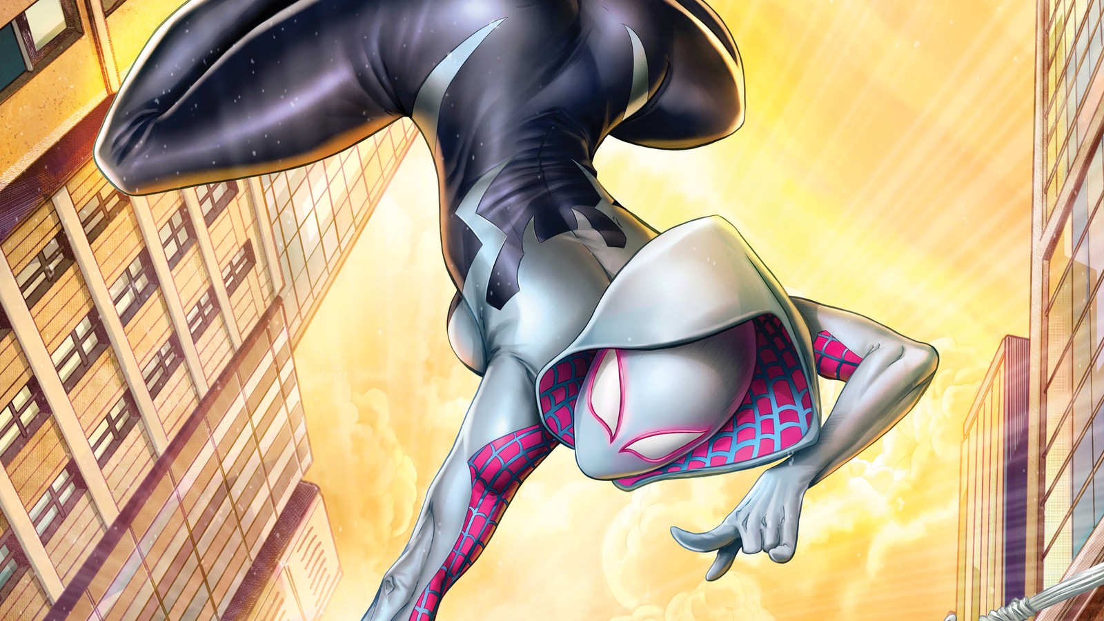 Araignée - homme volant dans les airs dans une ville avec des bâtiments (spider gwen, marvel comics, bandes dessinées)