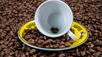 Copo de café cercado por ricos grãos de café