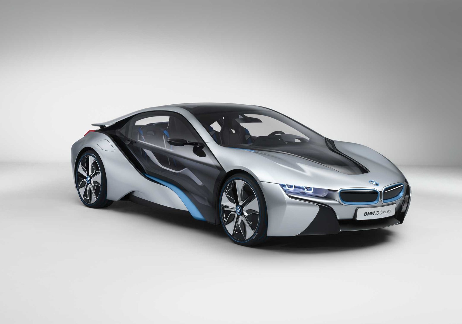 Bmw i8 concept car in silver with blue accents (bmw i3, bmw i, bmw, sports car, car)