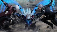 Epic showdown between Dante, Nero, and Vergil in "Devil May Cry 5," showcasing intense action and dramatic transformations.