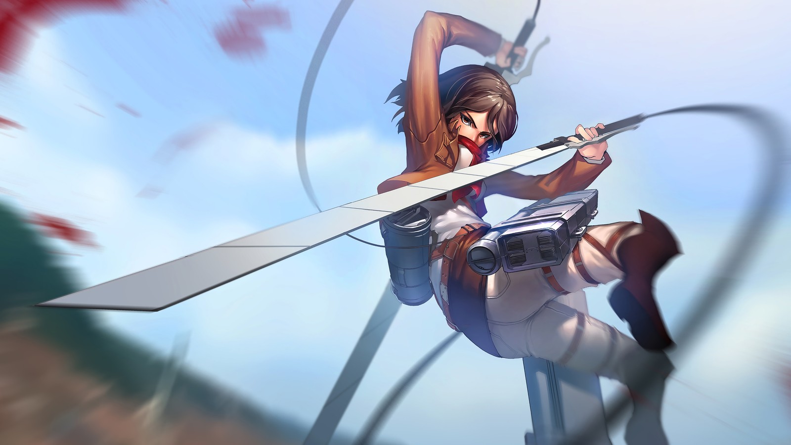 Anime girl with a sword and a sword in her hand (mikasa ackerman, attack on titan, shingeki no kyojin, anime)