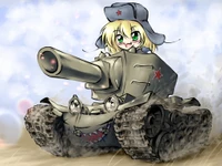 Personagem chibi dirigindo um tanque brincalhão em um cenário fantasioso