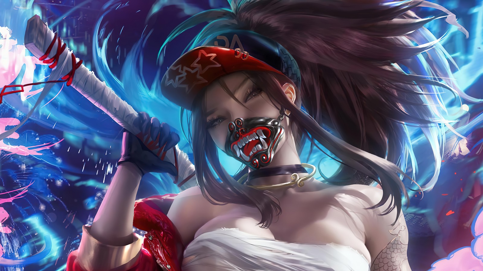 Eine frau mit einer maske und einem roten kleid, die ein messer hält (kda, akali, maske, lol, league of legends)