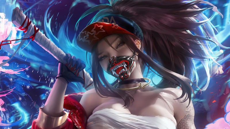 Женщина в маске и красном платье с ножом (kda, акали, akali, маска, lol)