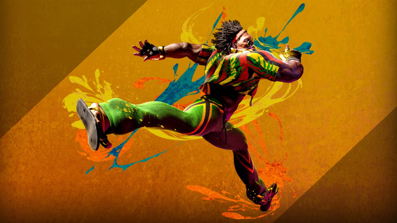 A close up of a person kicking a skateboard on a yellow background (deejay, street fighter 6, video game, sf6, street fighter)