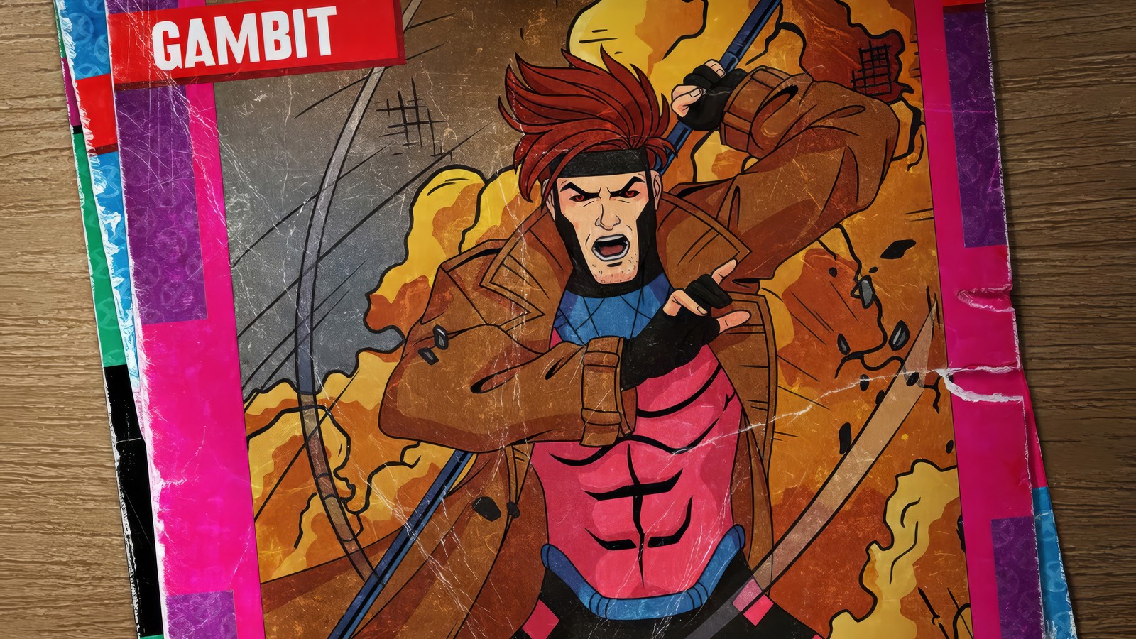 A close up of a comic book with a cartoon character on it (x men 97, tv series, marvel, cartoon, gambit)