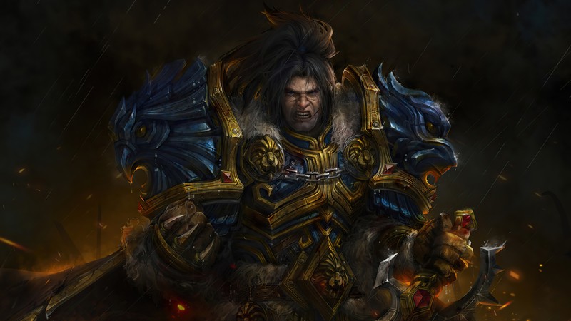 Мужчина с мечом и большой головой волос на темном фоне (вариан вринн, varian wrynn, world of warcraft, wow, видеоигра)