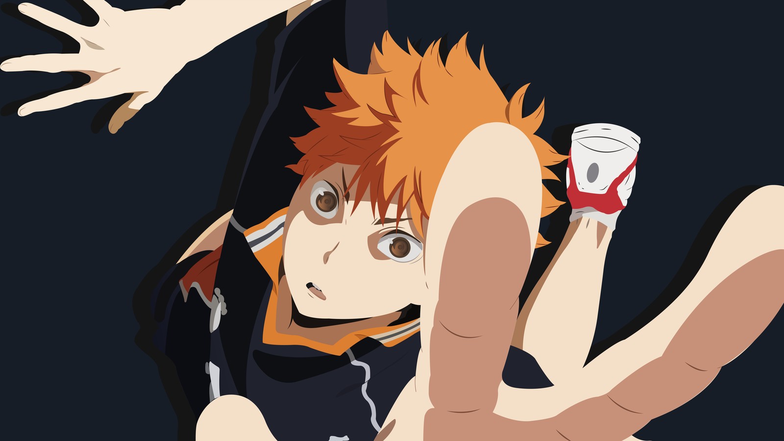 A close up of a person holding a cup and a hand (shoyo hinata, haikyuu, anime)