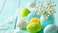 Huevos de Pascua coloridos con delicadas flores en un tarro, simbolizando la alegría y la celebración de la festividad.