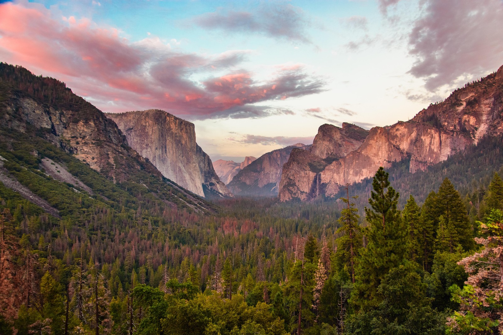 Vista de um vale com uma montanha ao fundo (cachoeiras de yosemite, yosemite falls, meia cúpula, natureza, paisagem natural)