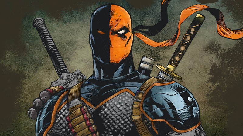 Крупный план дэдпула с мечом и шарфом (смертельный удар, deathstroke, суперзлодей, dc comics, комиксы)