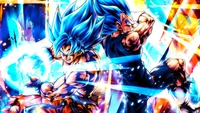 Super Saiyajin Goku e Vegeta em uma batalha explosiva, cores vibrantes e efeitos de energia dinâmicos, de Dragon Ball Legends.