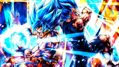 Super Saiyan Goku et Vegeta dans une bataille explosive, couleurs vives et effets d'énergie dynamiques, de Dragon Ball Legends.