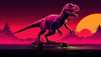 Arte digital vibrante de um dinossauro andando de skate ao pôr do sol