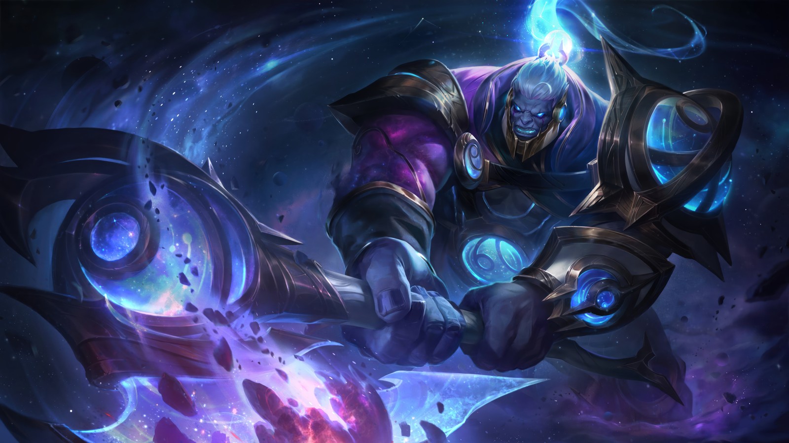 A man in armor holding a glowing sword in his hand (cosmic, sion, league of legends, lol, video game)