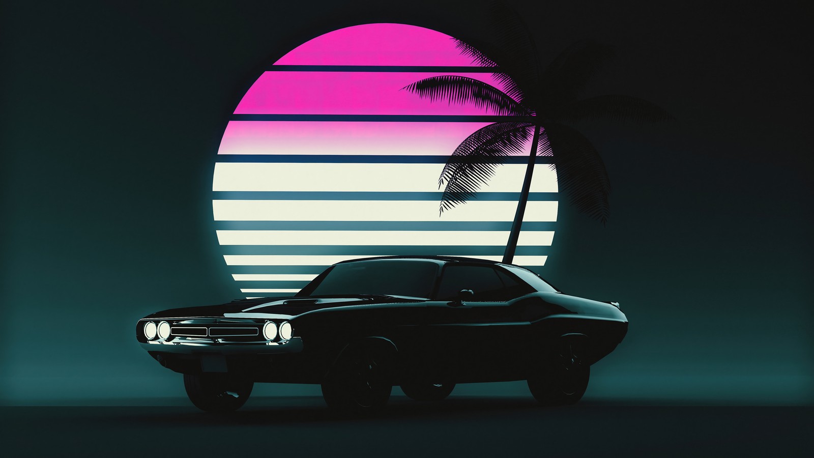 Ein auto, das vor einem sonnenuntergang mit palmen geparkt ist (muskel, auto, vintage, retrowave, synthwave)