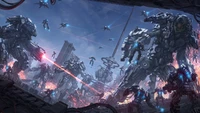 Epischer Sci-Fi-Kampf: Mecha-Titanen engagieren sich in futuristischer Kriegsführung